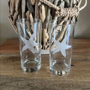 Pair (2) embossed sea shell/starfish tall highball glasses